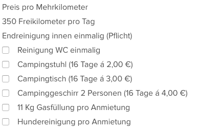 Liste Von Zusatskosten Bei Wohnmobil-Vermietung