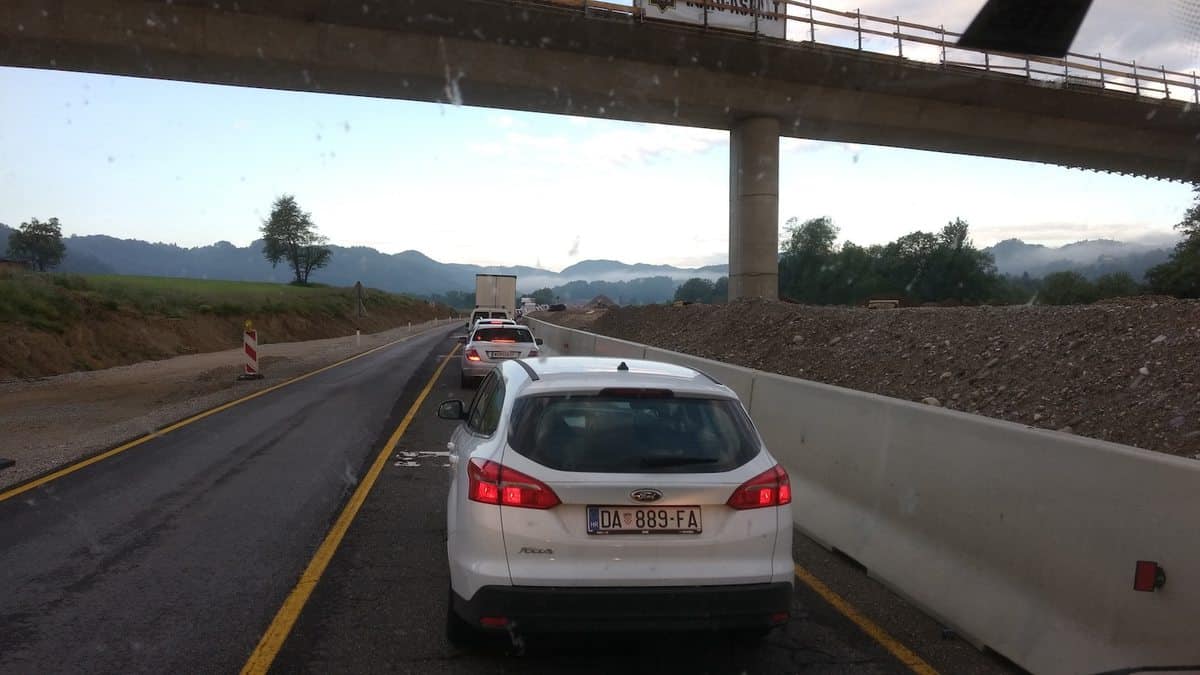 Stau In Einer Baustelle Auf Der Autobahn