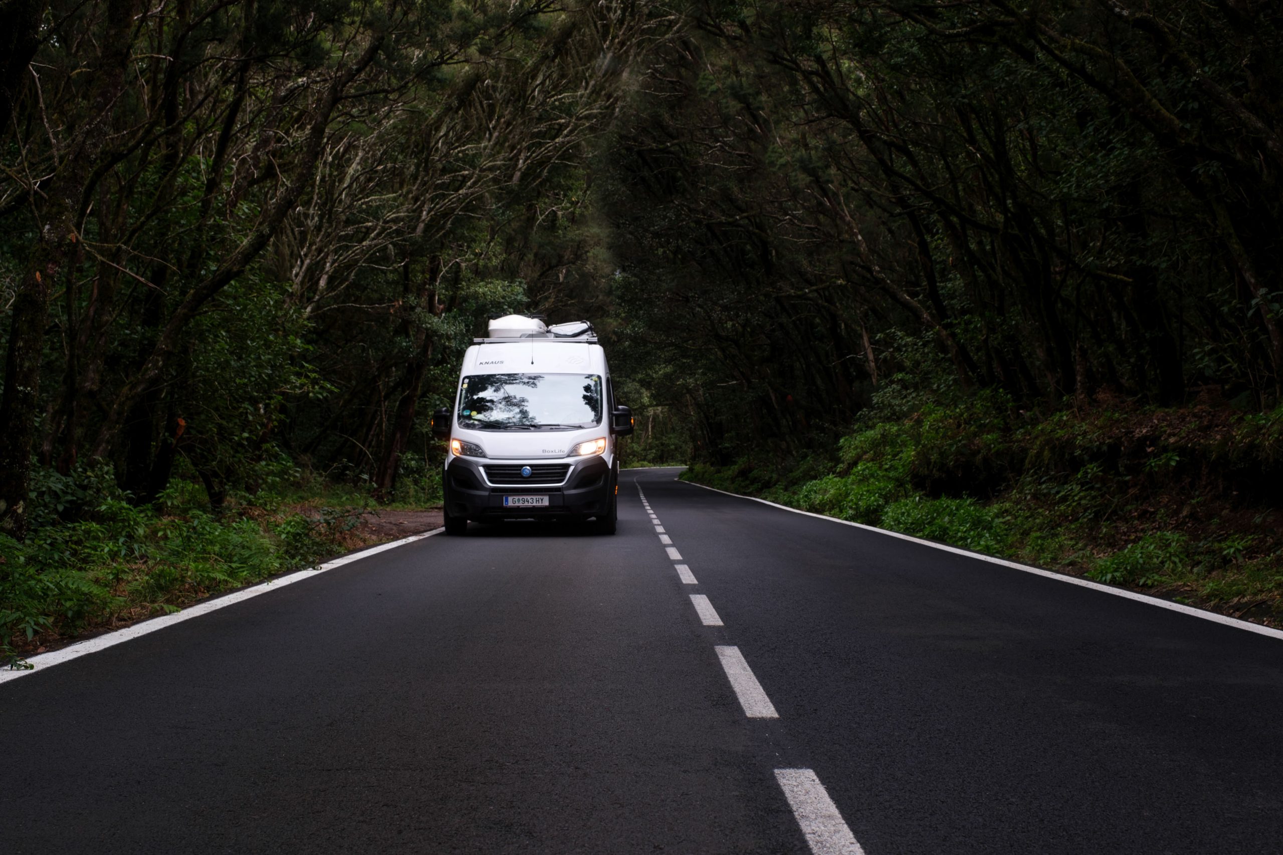 Wohnmobil in den dunklen Wäldern des Nationalparks Garajonay Wohnmobil in den dunklen Wäldern des Nationalparks Garajonay auf La Gomera